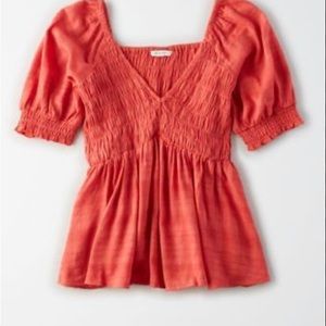 Ruched V-neck puff sleeve babydoll blouse